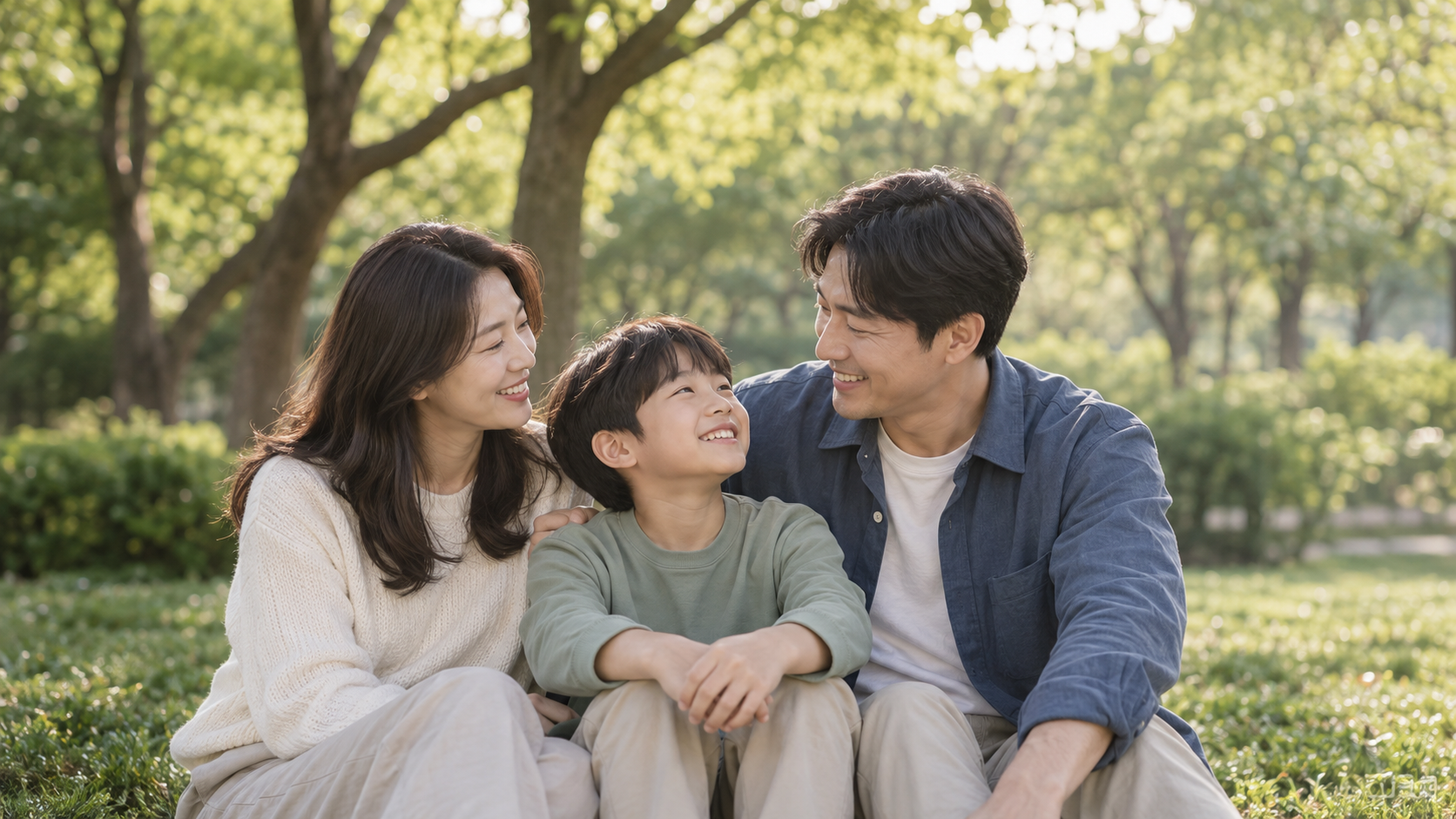 공원에서 함께 웃는 한국인 가족의 일상을 표현한 이미지